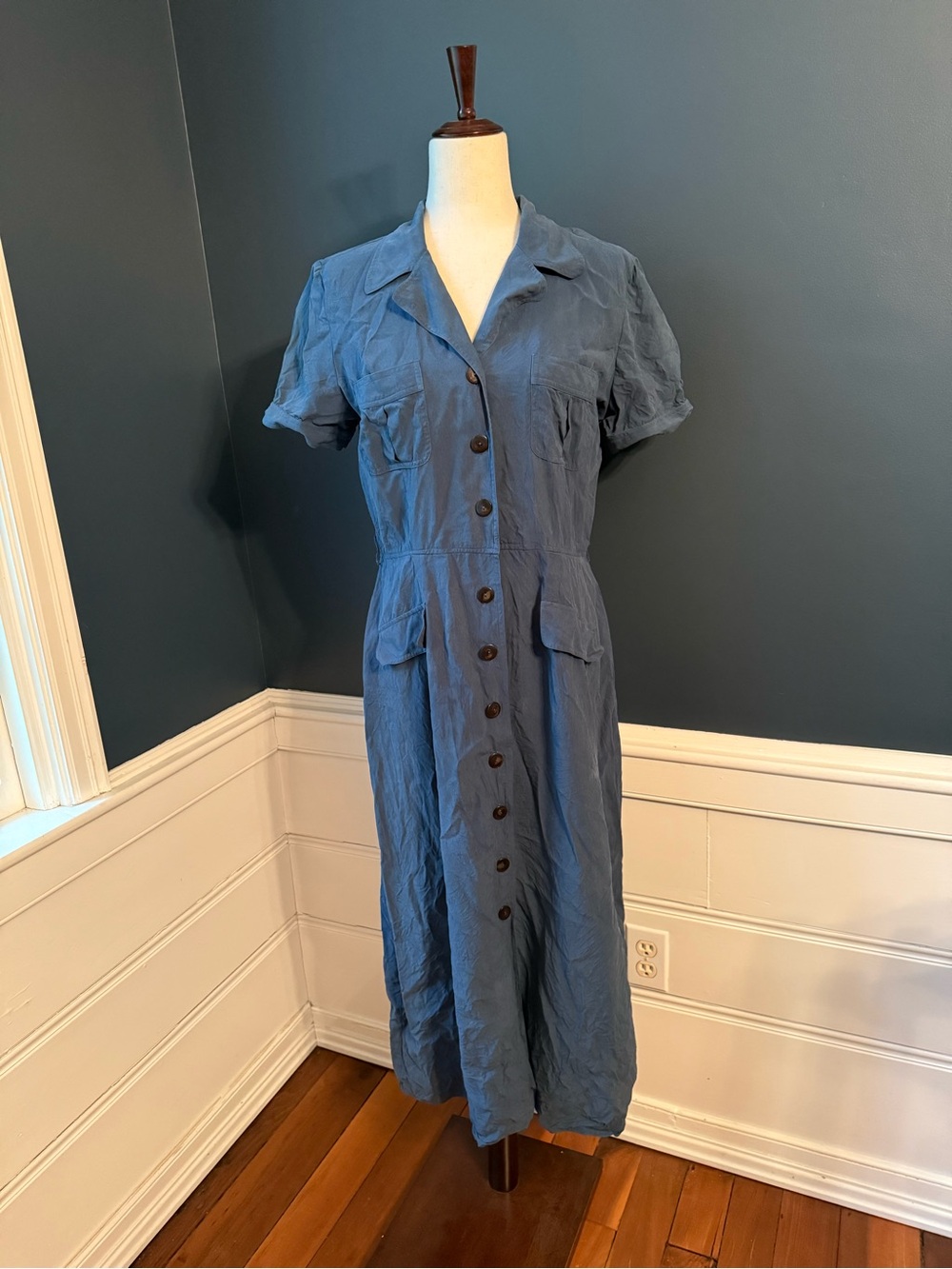 Vintage Nancy Crystal Silk Button-Front Maxi Dress in Dusty Blue